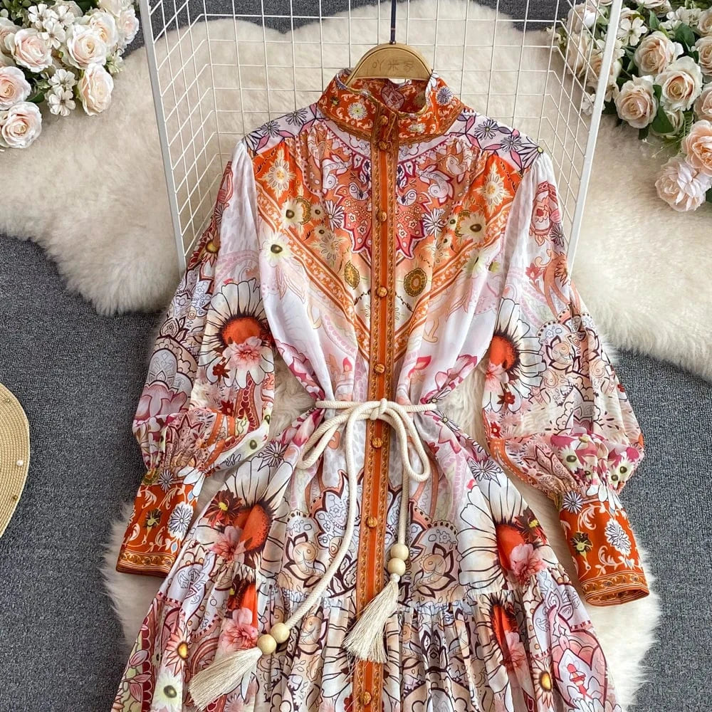 New 2024 Korean Chic Floral Print Slim Waist Midi Dress Women Long Sleeve Dresses Clothing 12