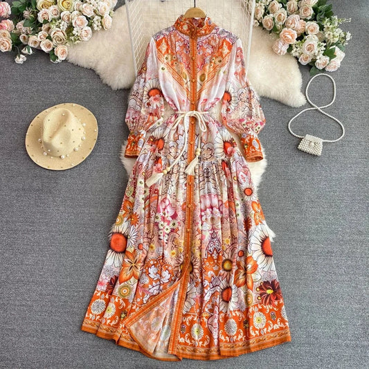 New 2024 Korean Chic Floral Print Slim Waist Midi Dress Women Long Sleeve Dresses Clothing 12