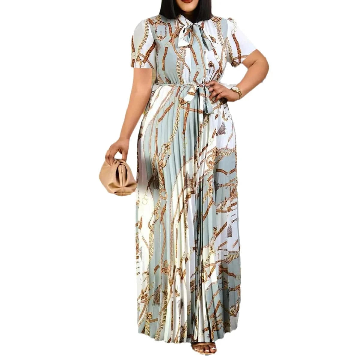 New 2024 Spring Summer Short Sleeve Printed Pleated Bandage Thongle European and American Long Skirt PLUS Size WOMEN Dress