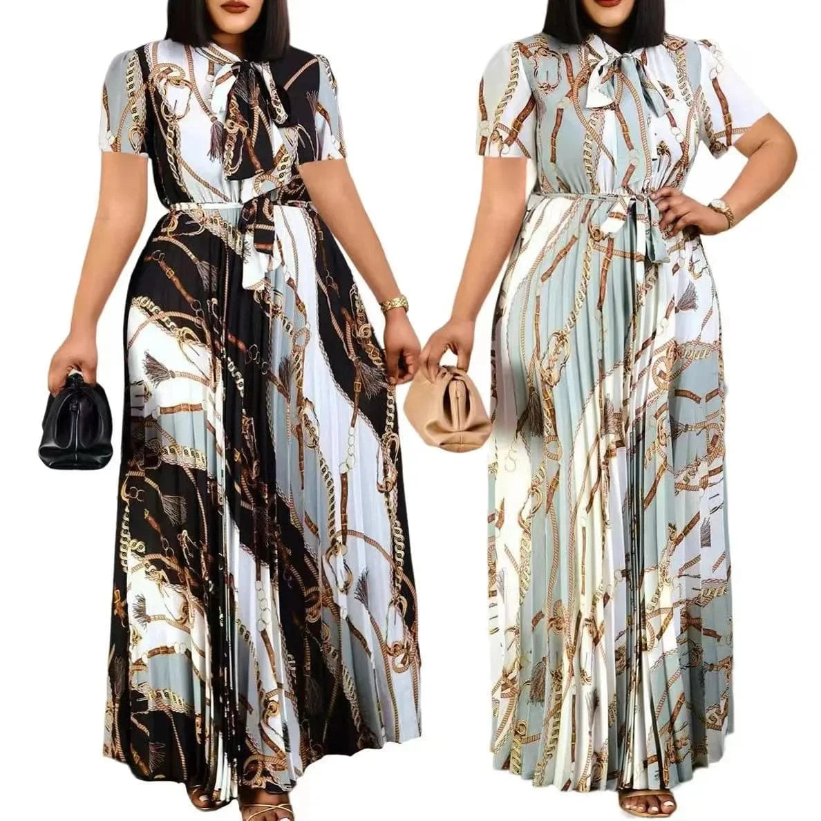 New 2024 Spring Summer Short Sleeve Printed Pleated Bandage Thongle European and American Long Skirt PLUS Size WOMEN Dress