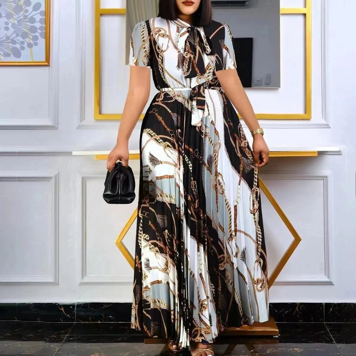 New 2024 Spring Summer Short Sleeve Printed Pleated Bandage Thongle European and American Long Skirt PLUS Size WOMEN Dress