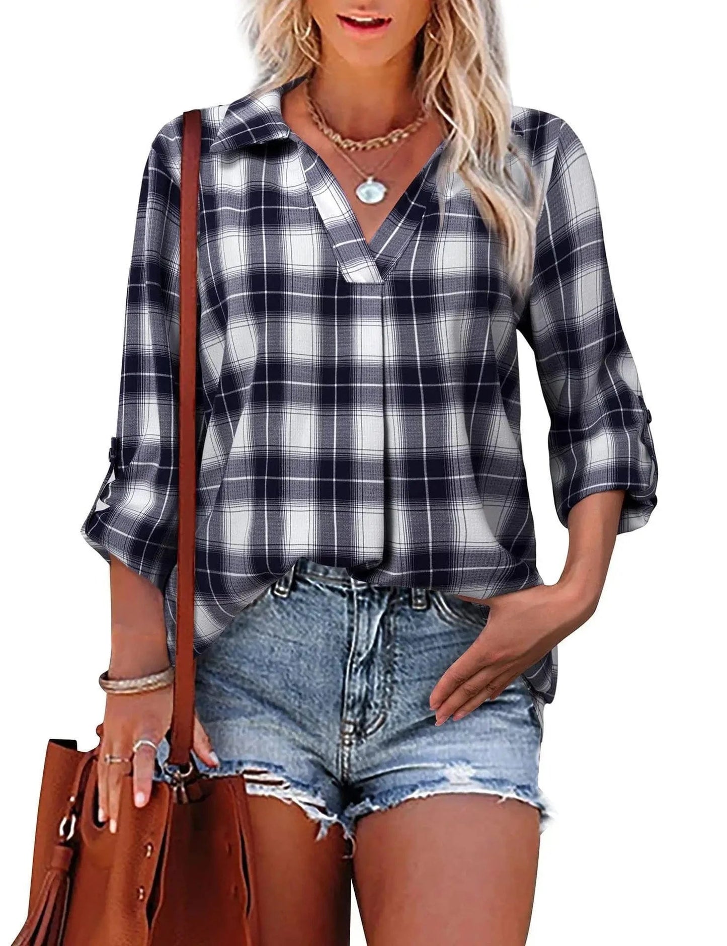 New 2024 Spring Summer Temperament Collage Cover Long Sleeve V-neck Loose Type Women's Shirt Wholesale