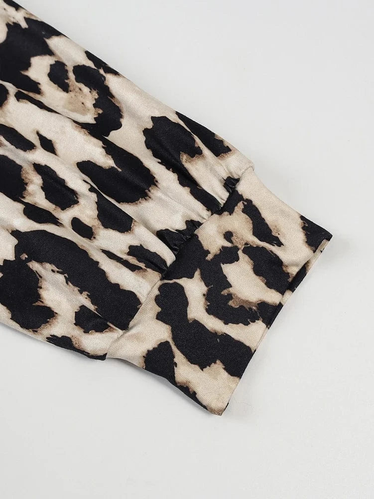 New 2025 Women's Leopard Print Top with Lace Trim Long Sleeve Deep V-Neckline Polyester Workwear Sexy Mature Fashion