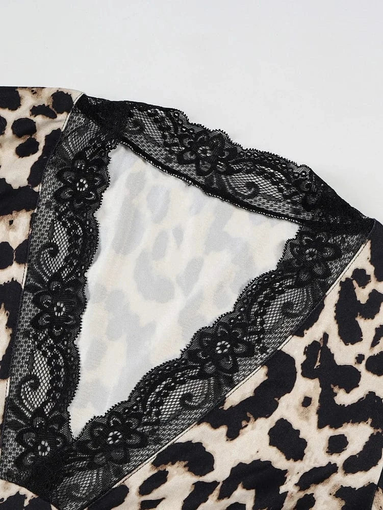 New 2025 Women's Leopard Print Top with Lace Trim Long Sleeve Deep V-Neckline Polyester Workwear Sexy Mature Fashion