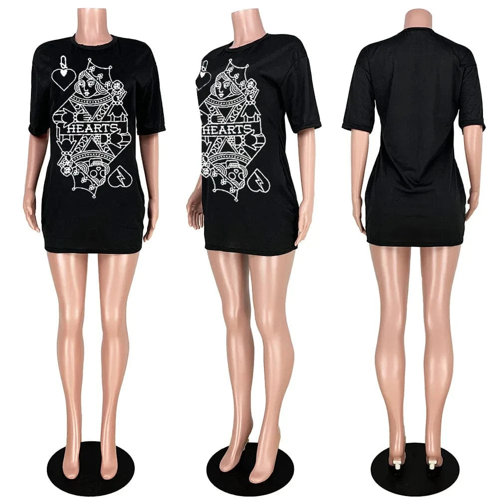 New 2025 Women Short Sleeve O-neck Spade Q Black Queen Print T-shirt Dress Vintage Fashion White Tee Dresses Vestidos