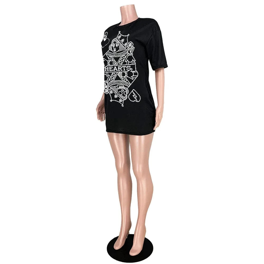 New 2025 Women Short Sleeve O-neck Spade Q Black Queen Print T-shirt Dress Vintage Fashion White Tee Dresses Vestidos