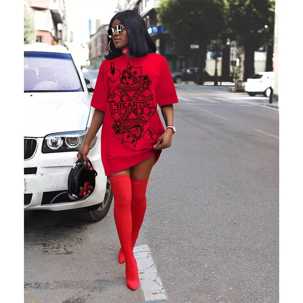 New 2025 Women Short Sleeve O-neck Spade Q Black Queen Print T-shirt Dress Vintage Fashion White Tee Dresses Vestidos