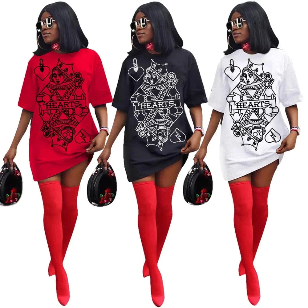 New 2025 Women Short Sleeve O-neck Spade Q Black Queen Print T-shirt Dress Vintage Fashion White Tee Dresses Vestidos