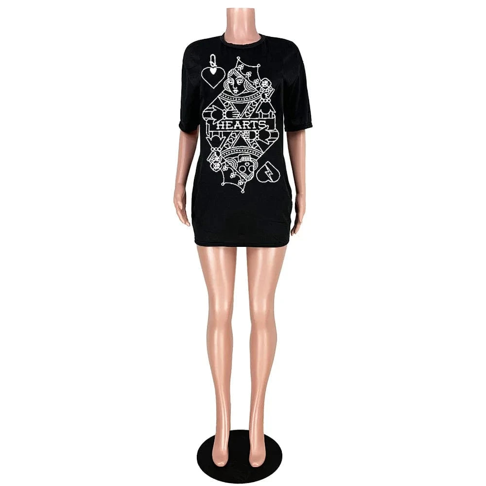 New 2025 Women Short Sleeve O-neck Spade Q Black Queen Print T-shirt Dress Vintage Fashion White Tee Dresses Vestidos