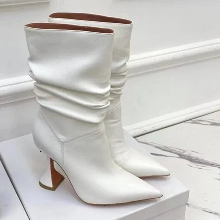 New Ankle Boots High Heels Shaped Women's Boots High Quality 2024 Autumn/winter Semi-gloss Oil Leather PU ZIP Rubber Solid