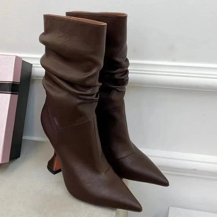 New Ankle Boots High Heels Shaped Women's Boots High Quality 2024 Autumn/winter Semi-gloss Oil Leather PU ZIP Rubber Solid