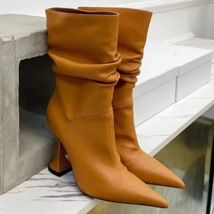 New Ankle Boots High Heels Shaped Women's Boots High Quality 2024 Autumn/winter Semi-gloss Oil Leather PU ZIP Rubber Solid