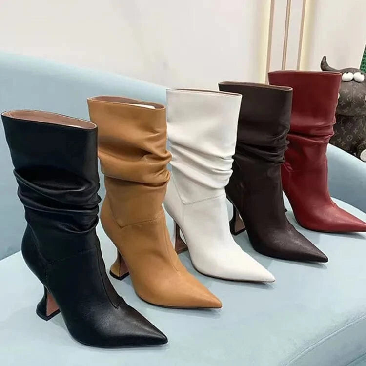 New Ankle Boots High Heels Shaped Women's Boots High Quality 2024 Autumn/winter Semi-gloss Oil Leather PU ZIP Rubber Solid