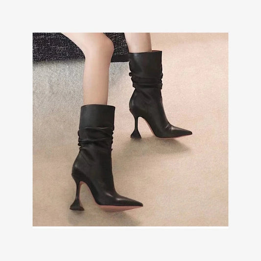 New Ankle Boots High Heels Shaped Women's Boots High Quality 2024 Autumn/winter Semi-gloss Oil Leather PU ZIP Rubber Solid