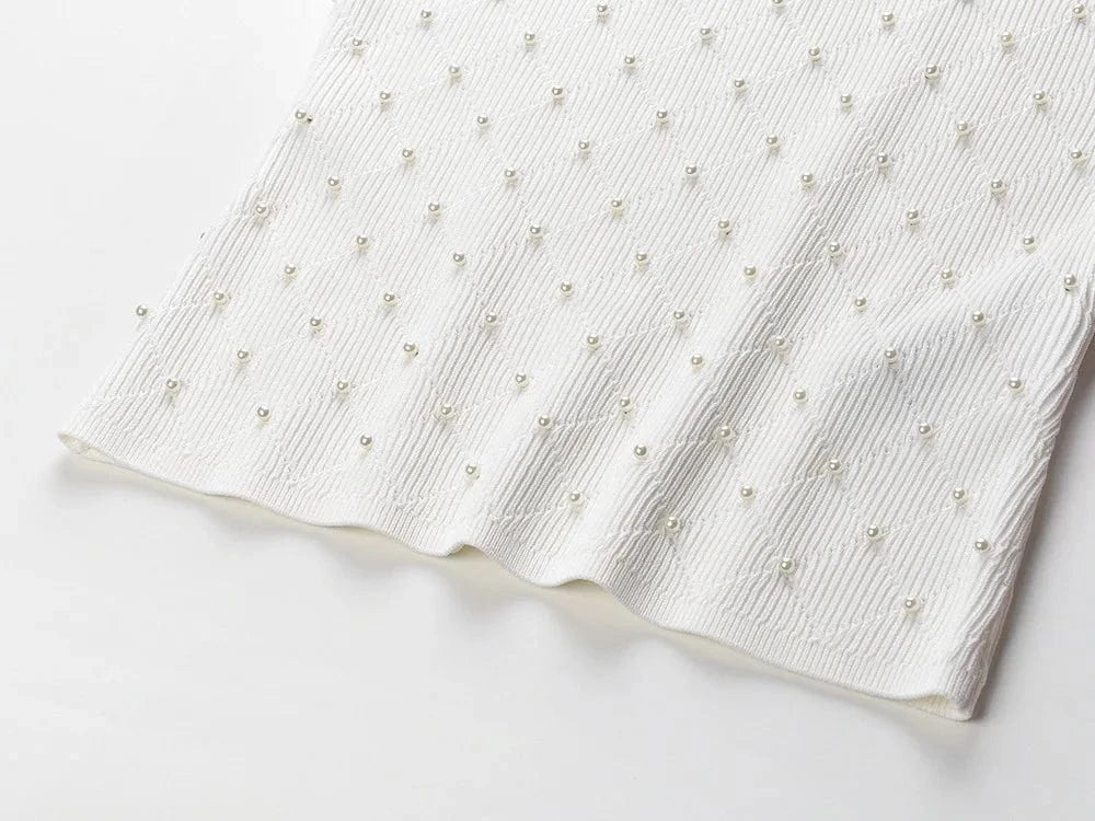 New Arrival 2024 Summer Lady Fine Workmanship Beading Round Collar Sleeveless Tops Women Pullover Slim Solid Knits Shirts