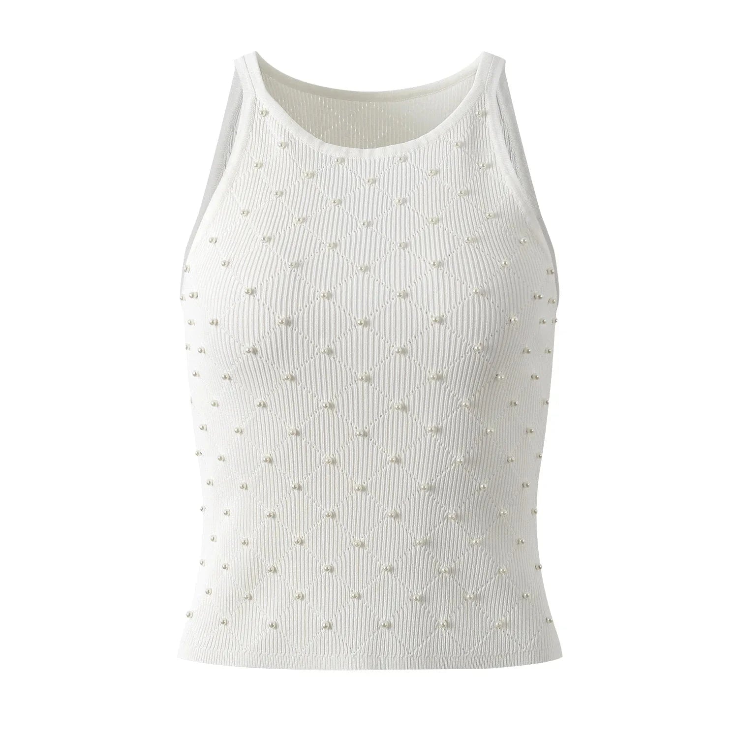 New Arrival 2024 Summer Lady Fine Workmanship Beading Round Collar Sleeveless Tops Women Pullover Slim Solid Knits Shirts