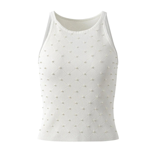 New Arrival 2024 Summer Lady Fine Workmanship Beading Round Collar Sleeveless Tops Women Pullover Slim Solid Knits Shirts