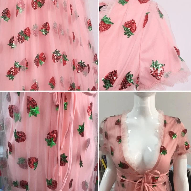 New arrival Black & Pink strawberry mesh dress ladies puff sleeve sequin print sweet summer casual women's dresses
