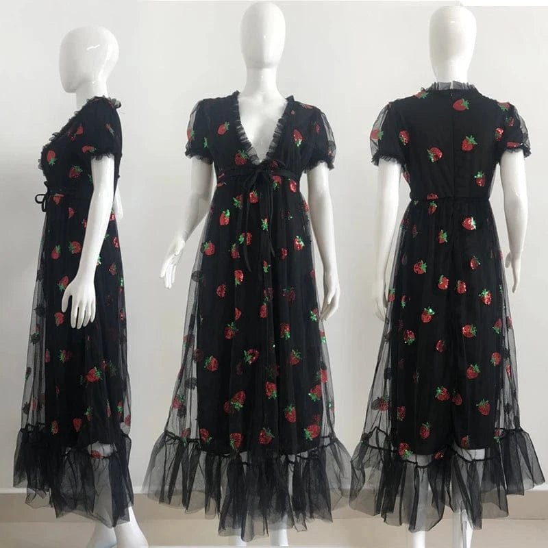 New arrival Black & Pink strawberry mesh dress ladies puff sleeve sequin print sweet summer casual women's dresses