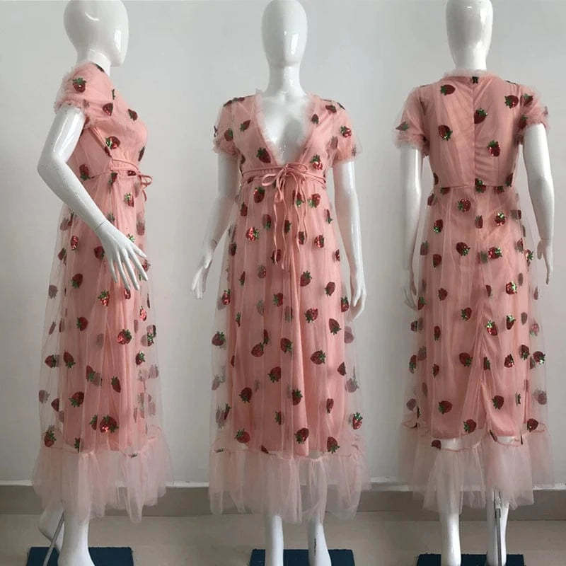 New arrival Black & Pink strawberry mesh dress ladies puff sleeve sequin print sweet summer casual women's dresses