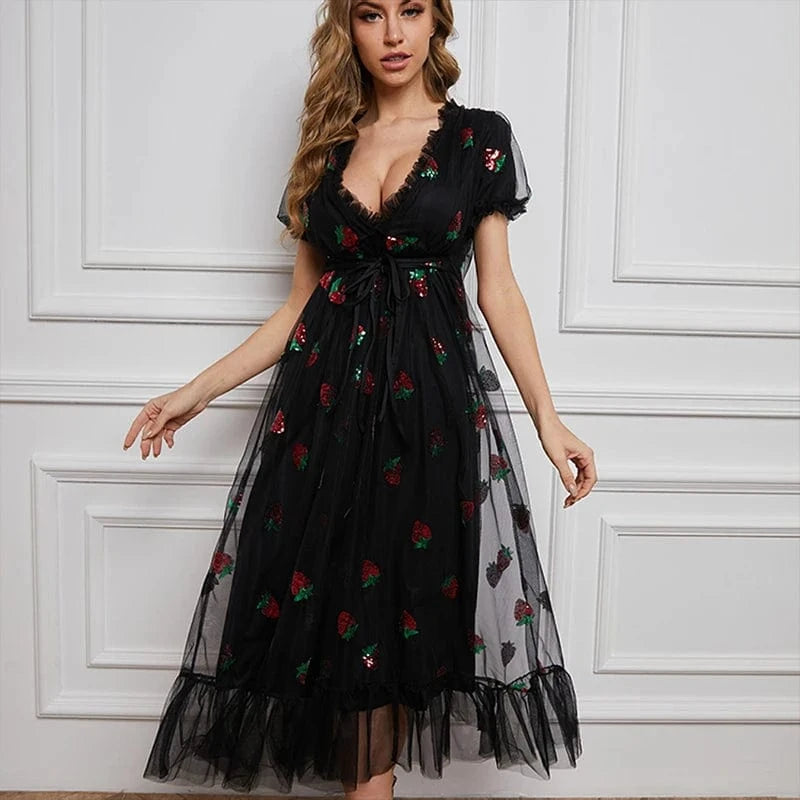 New arrival Black & Pink strawberry mesh dress ladies puff sleeve sequin print sweet summer casual women's dresses