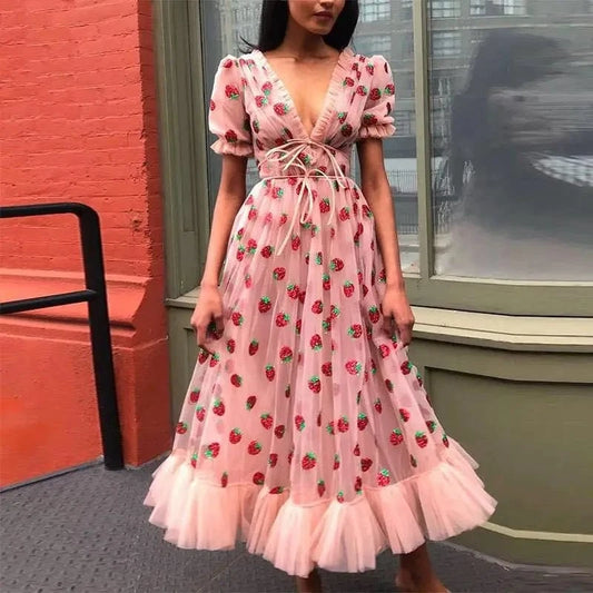 New arrival Black & Pink strawberry mesh dress ladies puff sleeve sequin print sweet summer casual women's dresses