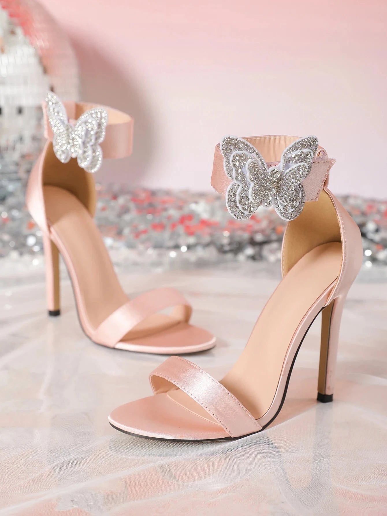 New arrival butterfly decor stiletto heeled ankle strap sandals shoes in pink color