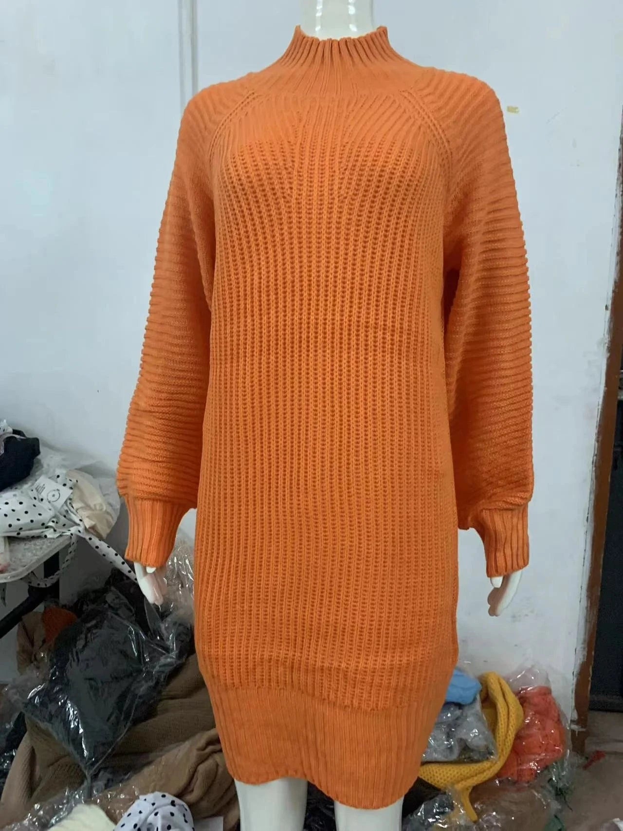 New Arrival Clothes Vintage Winter Knitted Dress Ladies Chic Turtleneck Lantern Long Sleeve Mini Sweater Dresses for Women