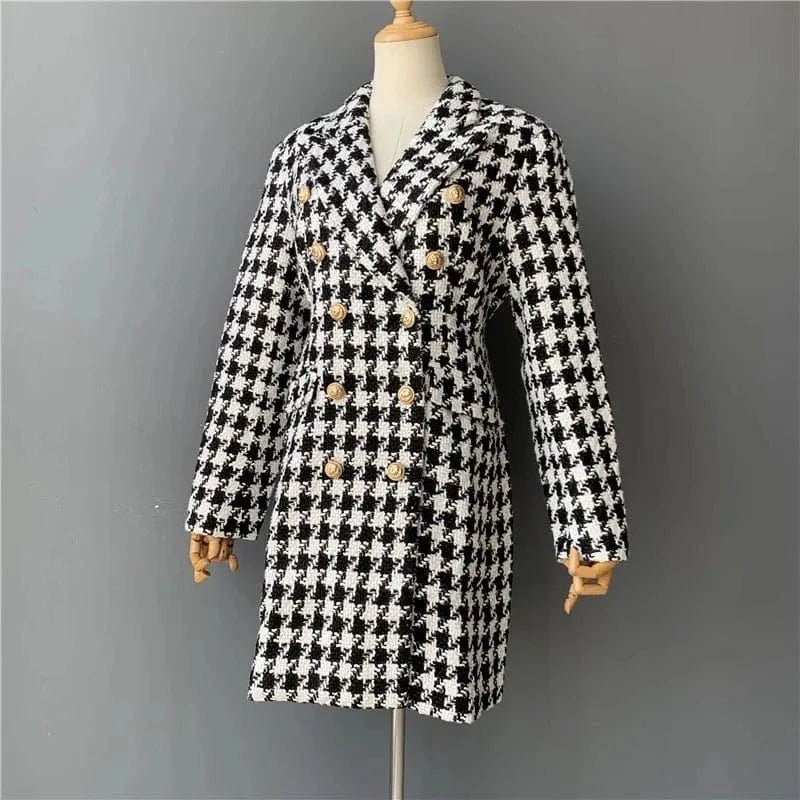 New Arrival Fall Winter Women's Hounds tooth Fringed Tweed long Coat Women Clothing