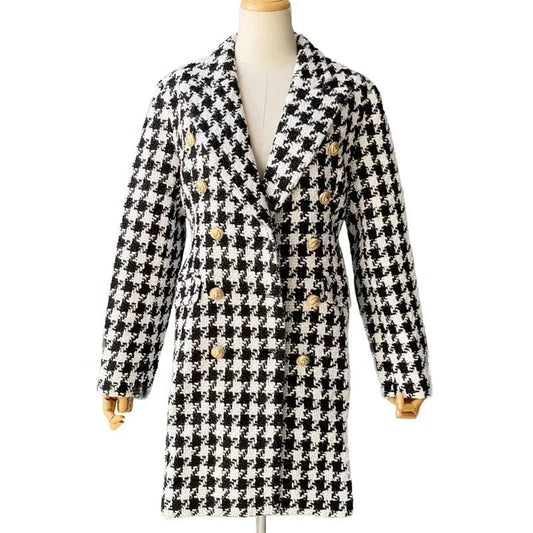 New Arrival Fall Winter Women's Hounds tooth Fringed Tweed long Coat Women Clothing
