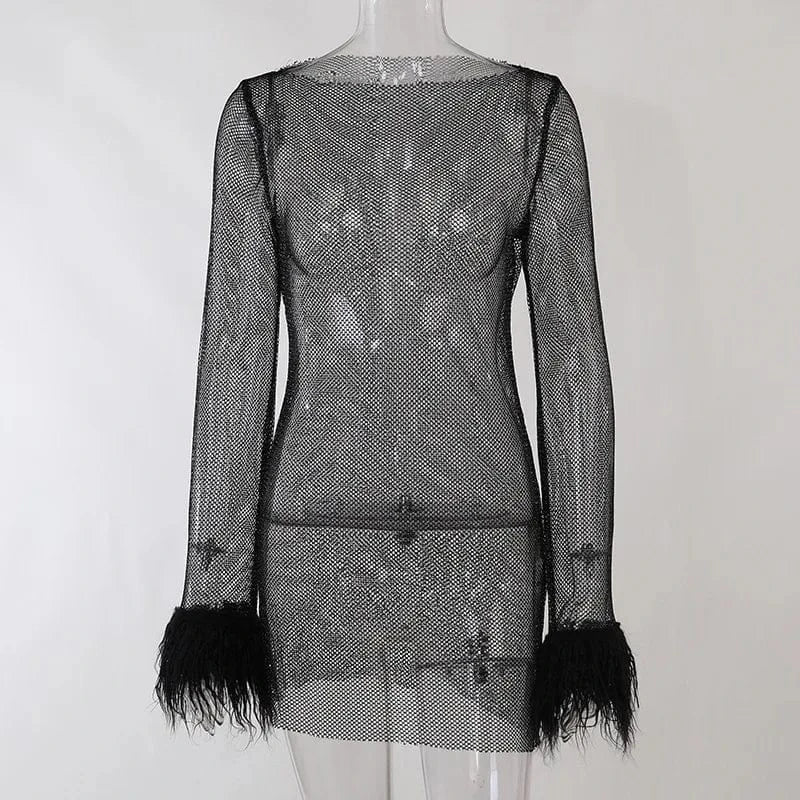 New Arrival Fashion Sexy Dresses Women Night Club Pink Mesh See Through Fur Sleeve Lady Party Dress