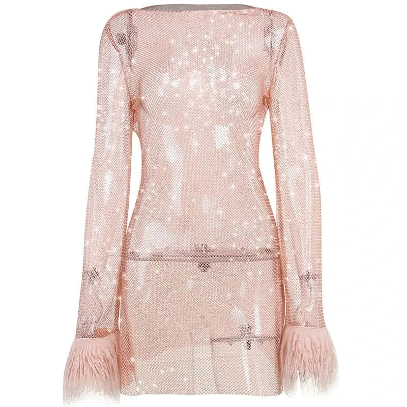 New Arrival Fashion Sexy Dresses Women Night Club Pink Mesh See Through Fur Sleeve Lady Party Dress