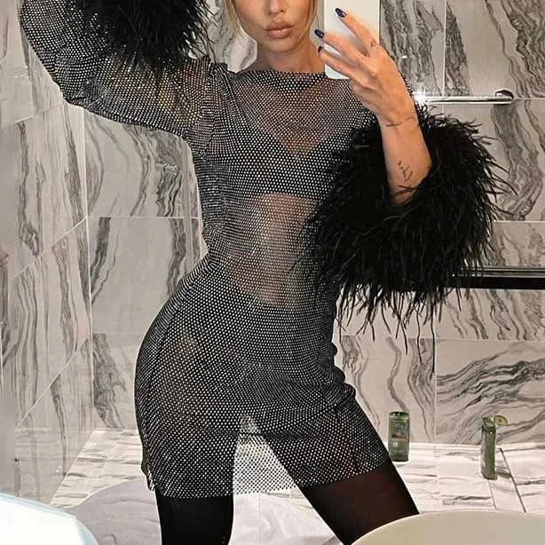New Arrival Fashion Sexy Dresses Women Night Club Pink Mesh See Through Fur Sleeve Lady Party Dress