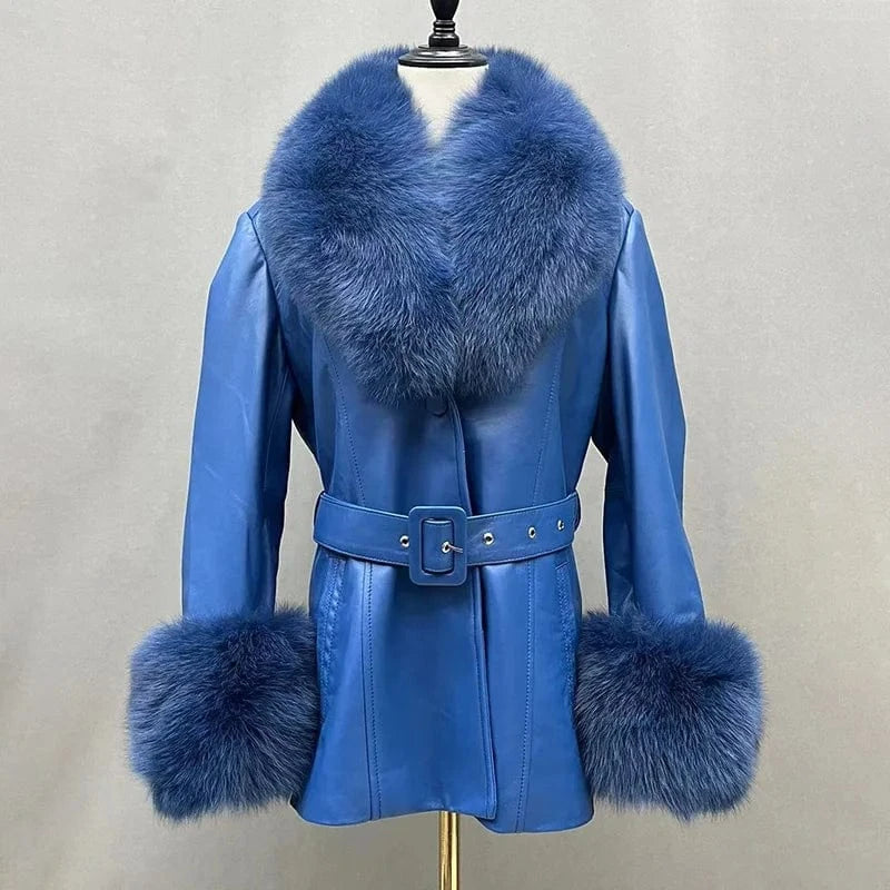 New Arrival Fox Fur collar Trim Leather Coat Women Black Genuine Leather Fur Jacket with Fur