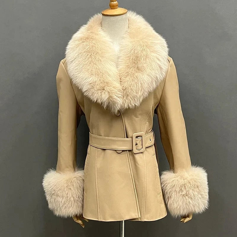 New Arrival Fox Fur collar Trim Leather Coat Women Black Genuine Leather Fur Jacket with Fur