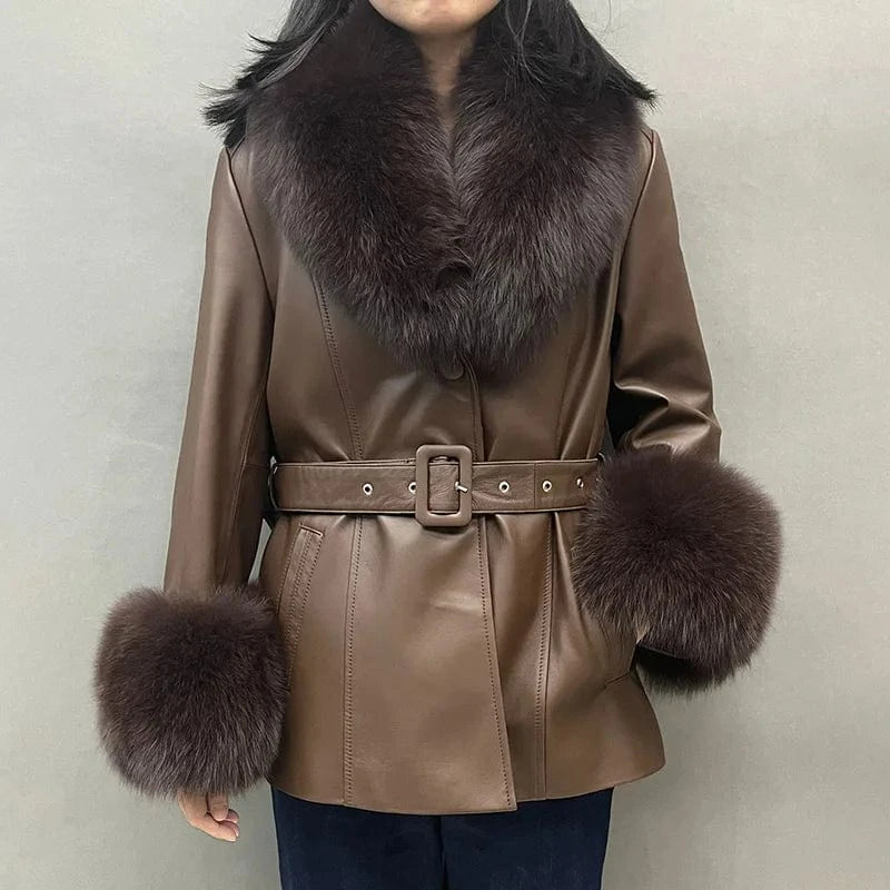 New Arrival Fox Fur collar Trim Leather Coat Women Black Genuine Leather Fur Jacket with Fur