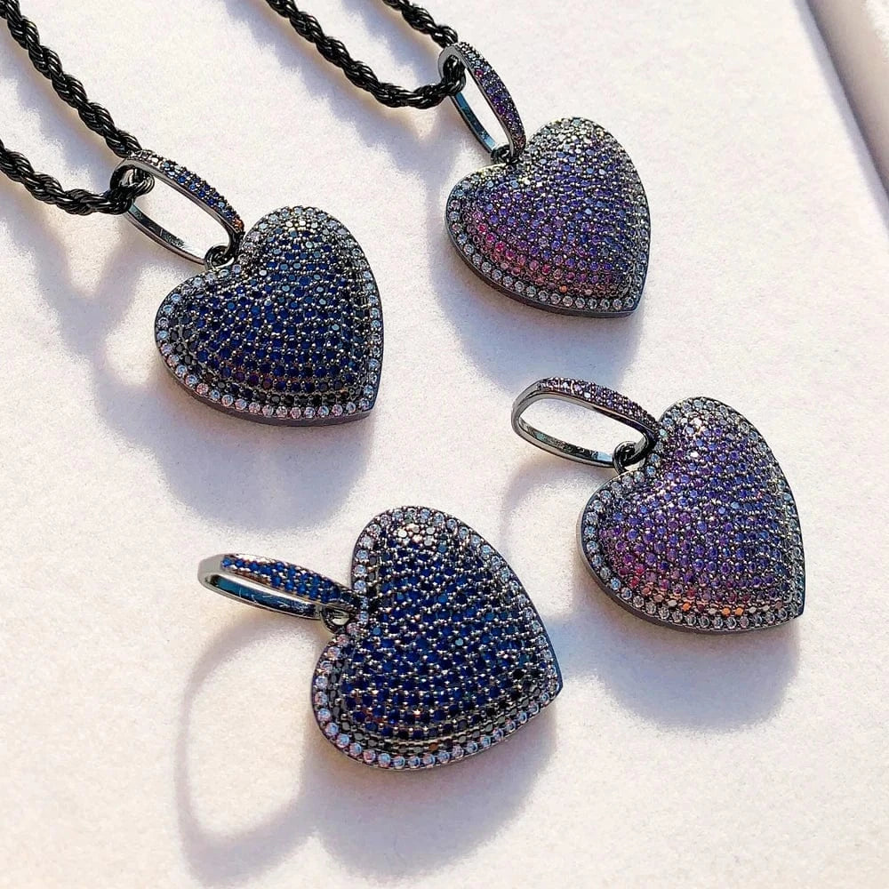 New Arrival Iced Out Bling CZ Jewelry for Hip Hop 2024 Valentines's Day Gift Women Blue Purple Heart Pendant Necklace