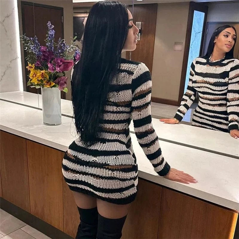 New Arrival Knitted Fall Clothing For Women 2023 Long Sleeve Knitting Stripe Ripped Dress Ladies Sexy Knit Bodycon Dresses