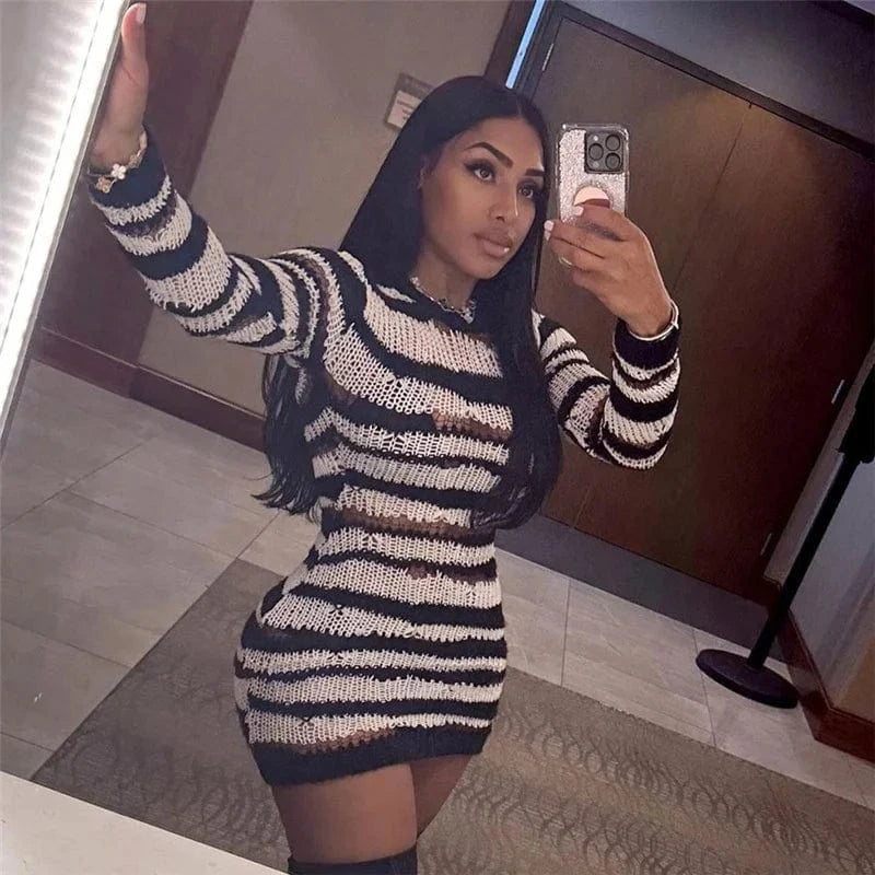 New Arrival Knitted Fall Clothing For Women 2023 Long Sleeve Knitting Stripe Ripped Dress Ladies Sexy Knit Bodycon Dresses