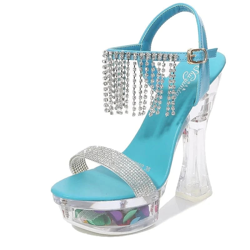 New Arrival Ladies Sexy Sandals 14cm Chunky Heels with Crystals Platform and Diamond Tassels Straps for Spring