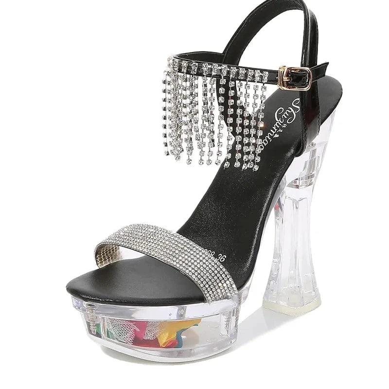 New Arrival Ladies Sexy Sandals 14cm Chunky Heels with Crystals Platform and Diamond Tassels Straps for Spring
