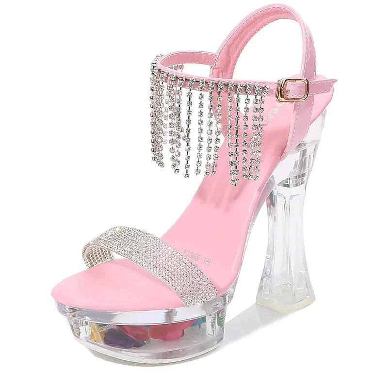 New Arrival Ladies Sexy Sandals 14cm Chunky Heels with Crystals Platform and Diamond Tassels Straps for Spring