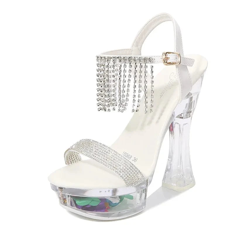New Arrival Ladies Sexy Sandals 14cm Chunky Heels with Crystals Platform and Diamond Tassels Straps for Spring