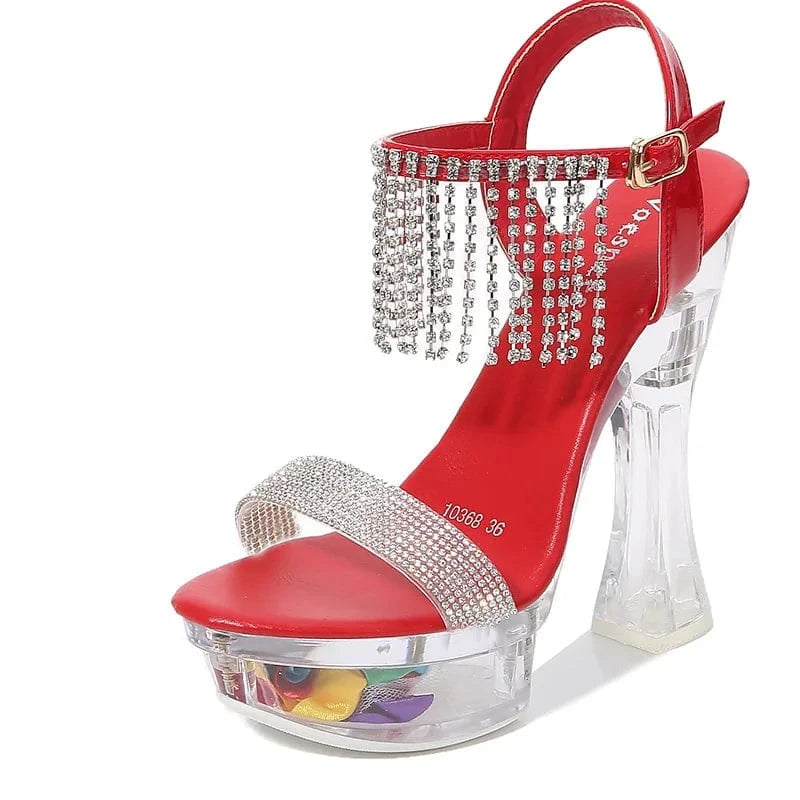 New Arrival Ladies Sexy Sandals 14cm Chunky Heels with Crystals Platform and Diamond Tassels Straps for Spring