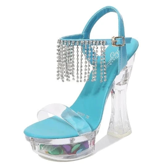 New Arrival Ladies Sexy Sandals 14cm Chunky Heels with Crystals Platform and Diamond Tassels Straps for Spring