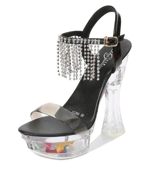 New Arrival Ladies Sexy Sandals 14cm Chunky Heels with Crystals Platform and Diamond Tassels Straps for Spring
