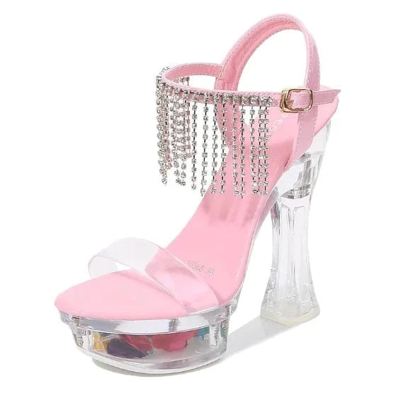 New Arrival Ladies Sexy Sandals 14cm Chunky Heels with Crystals Platform and Diamond Tassels Straps for Spring