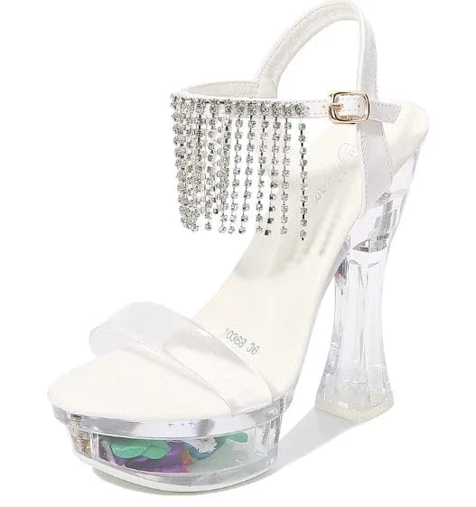 New Arrival Ladies Sexy Sandals 14cm Chunky Heels with Crystals Platform and Diamond Tassels Straps for Spring