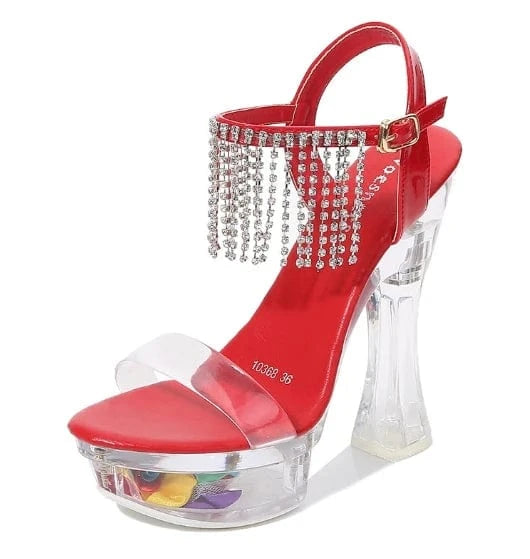 New Arrival Ladies Sexy Sandals 14cm Chunky Heels with Crystals Platform and Diamond Tassels Straps for Spring