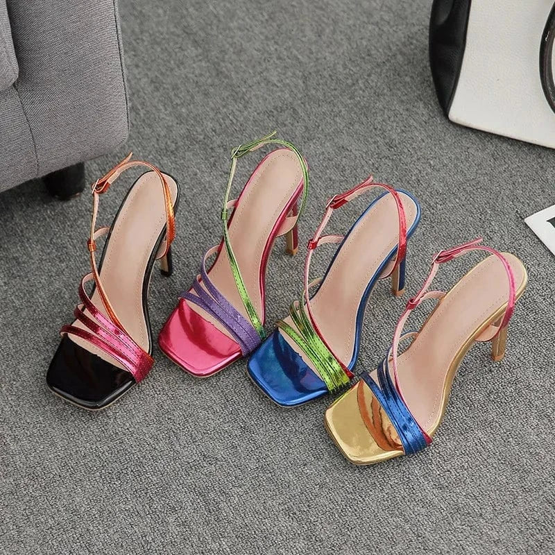 New arrival last design wholesale hot high quality mature women shoes square toe stiletto summer 2022 colorful heeled sandals